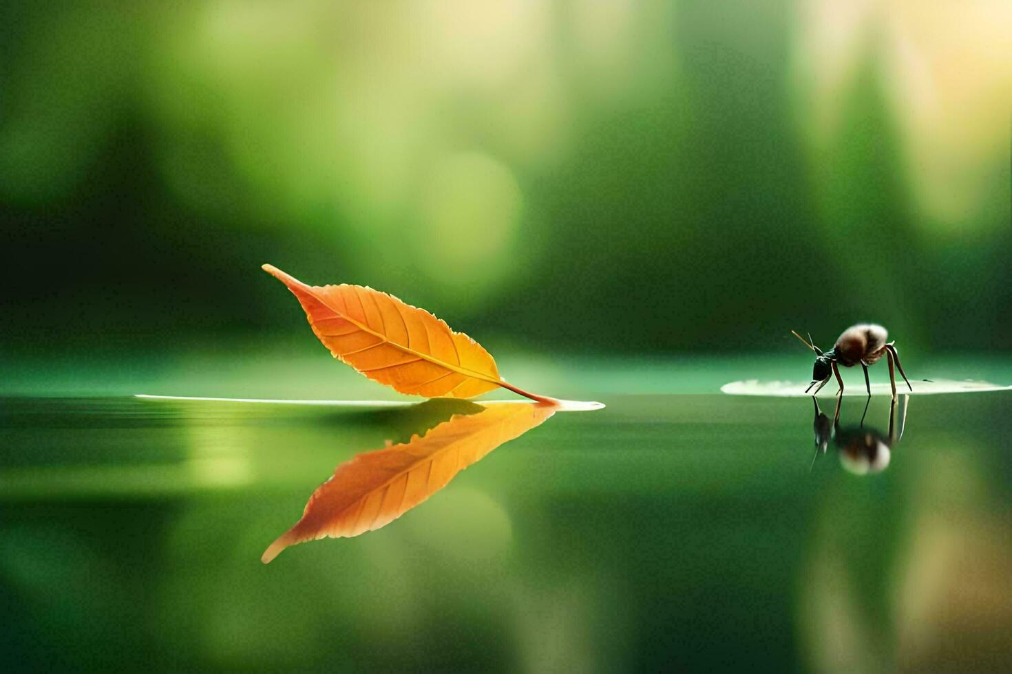 a leaf and a bug on the water. AI-Generated photo