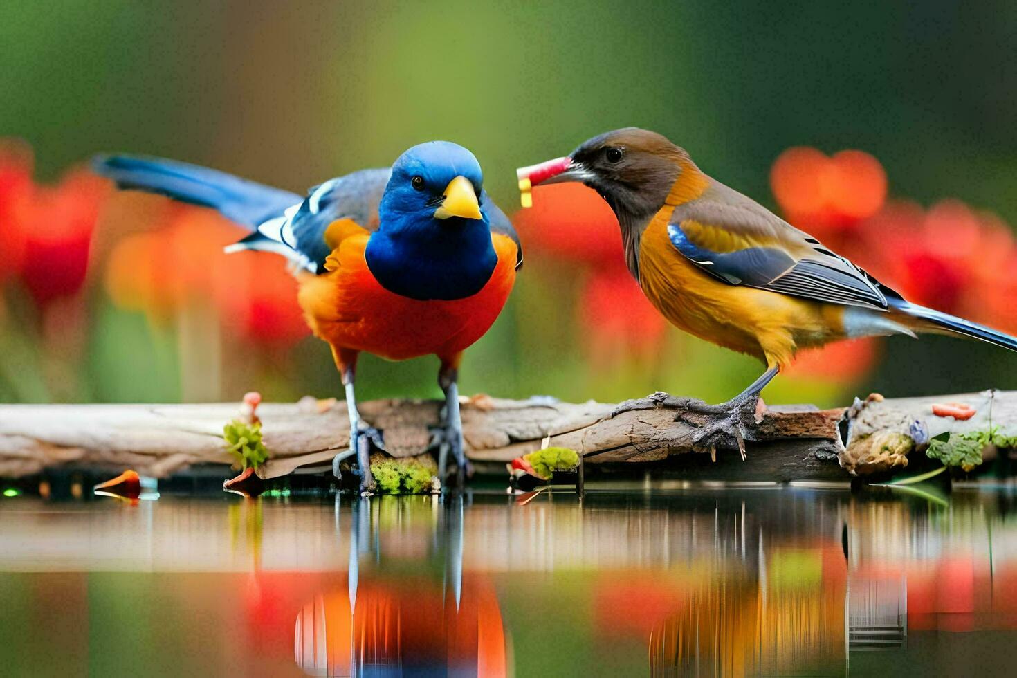 two colorful birds standing on a branch near water. AI-Generated photo