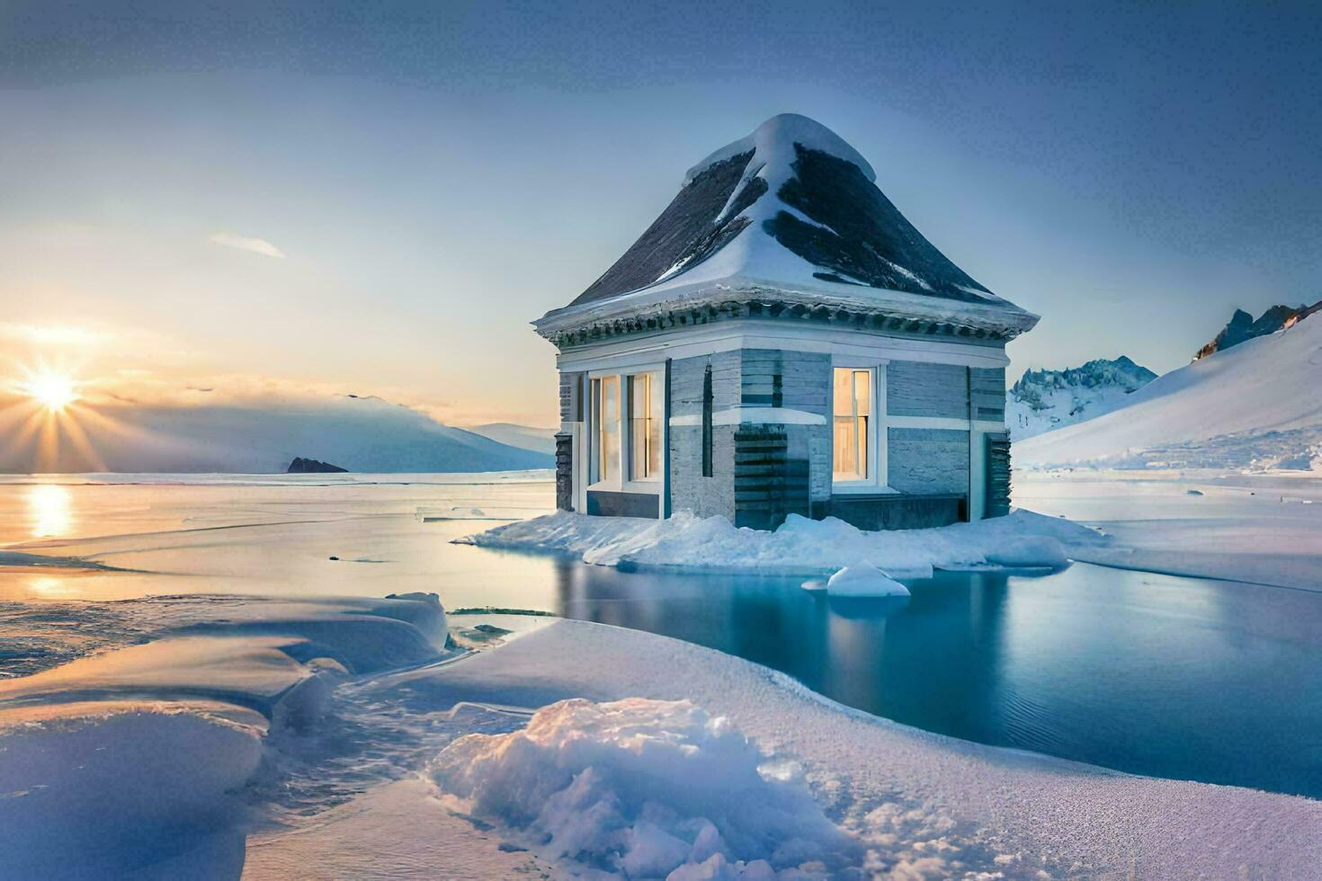 a small house sits on the edge of a frozen lake. AI-Generated photo