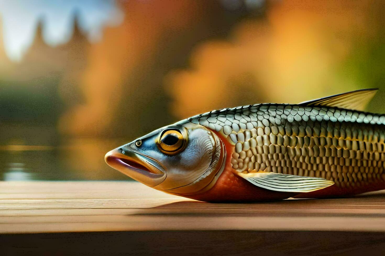 a fish is sitting on a wooden table. AI-Generated photo