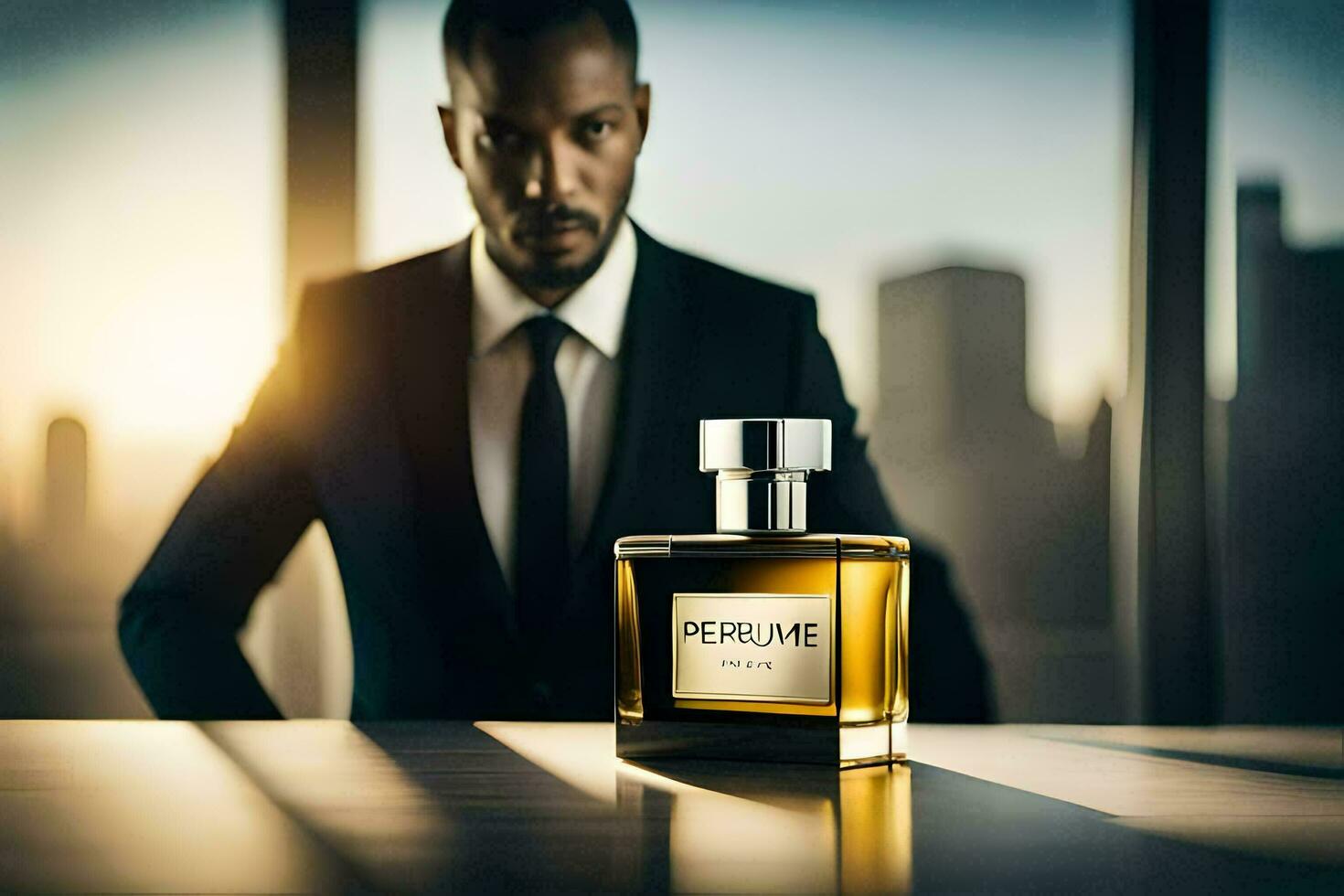 a man in a suit and tie standing in front of a perfume bottle. AI-Generated photo