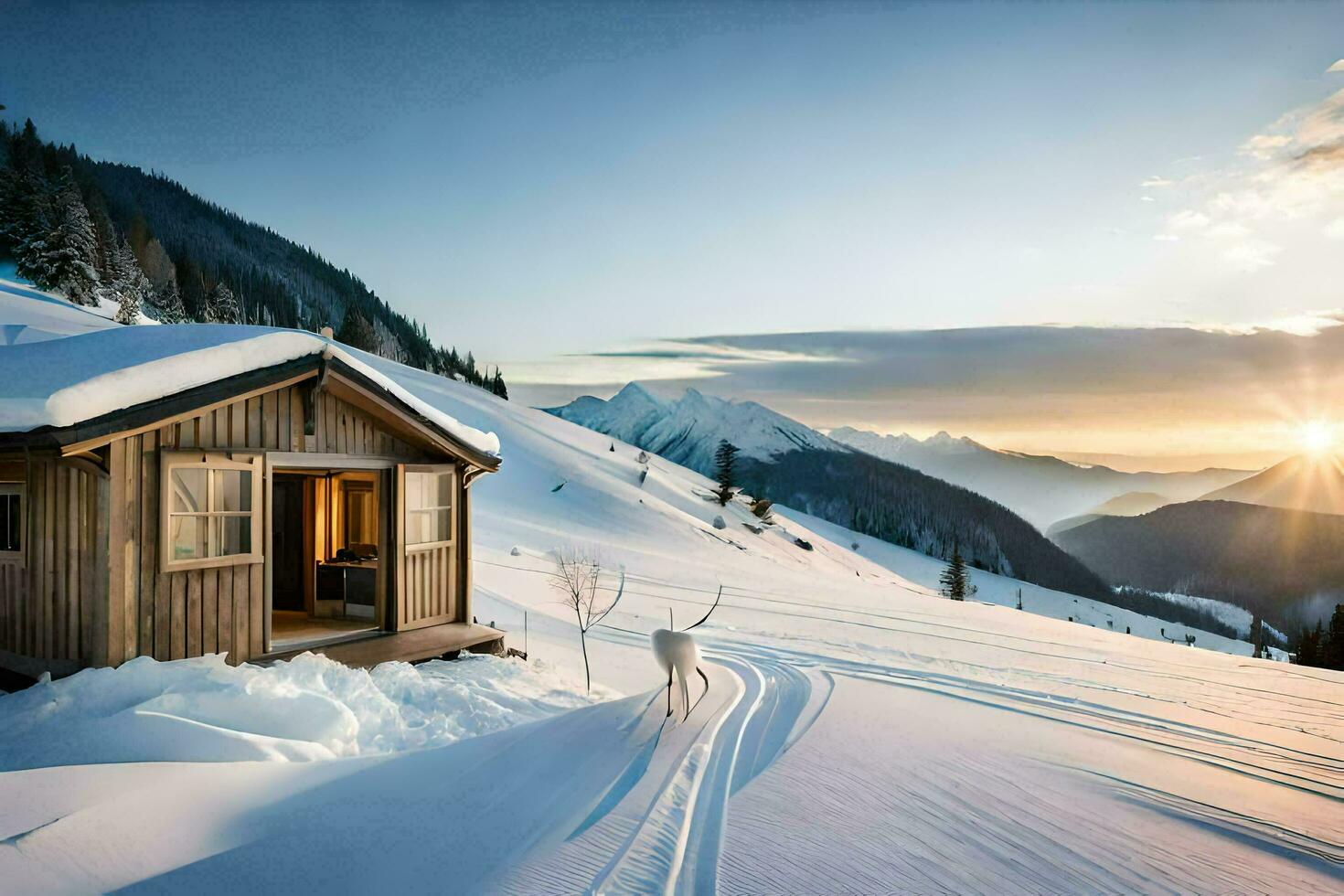 a cabin in the mountains with a deer in the snow. AI-Generated photo