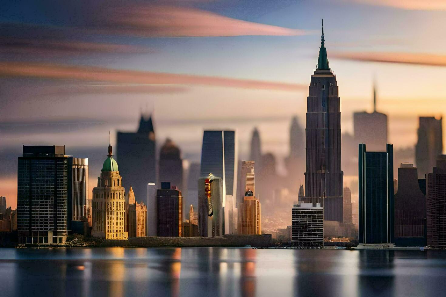 the city skyline is reflected in the water. AI-Generated photo
