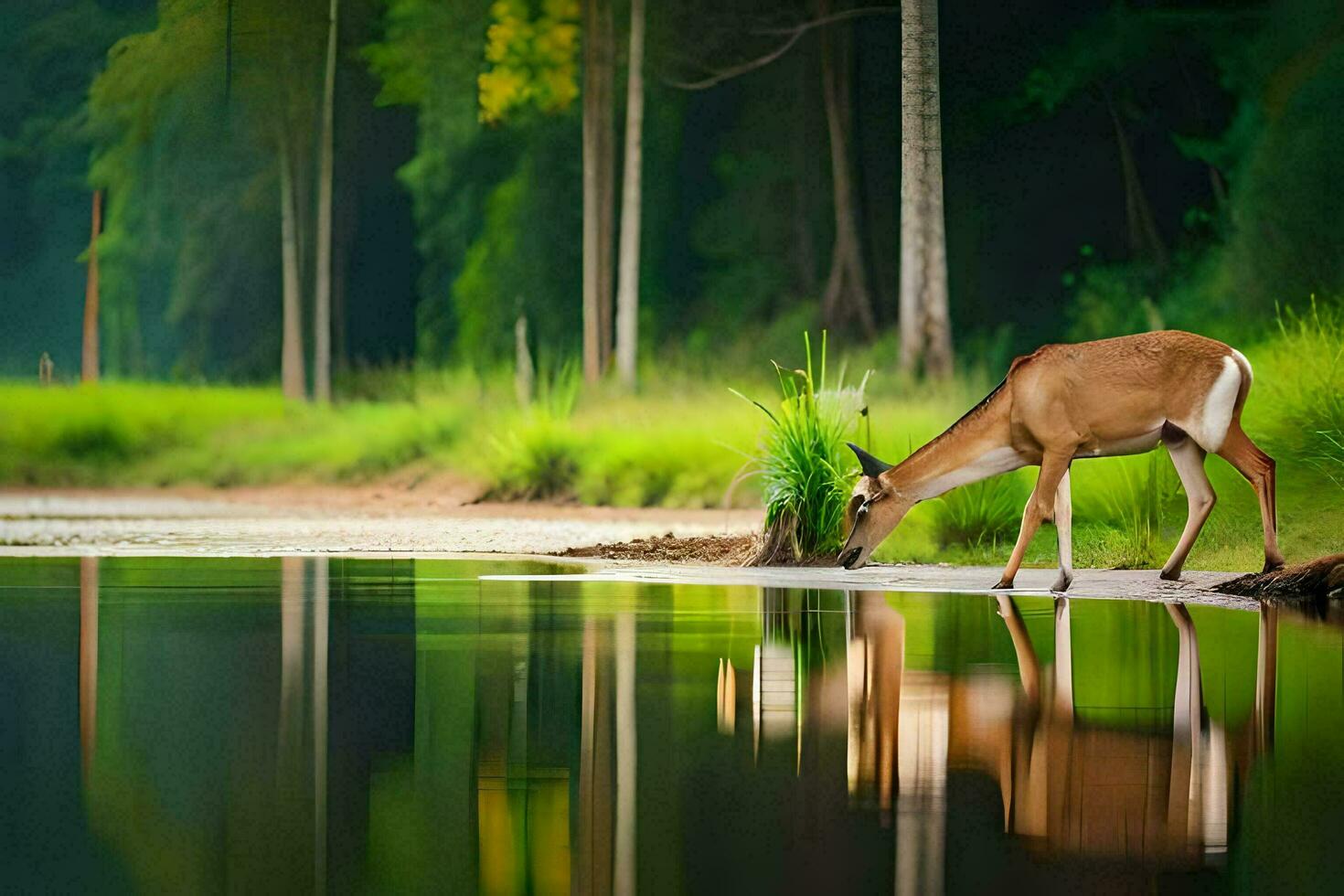 a deer drinking water from a river. AI-Generated photo