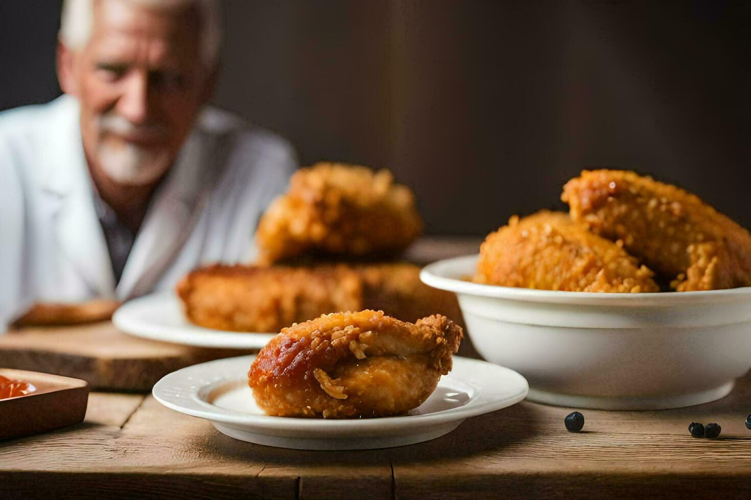 a man in a white coat sits at a table with some fried chicken. AI-Generated photo
