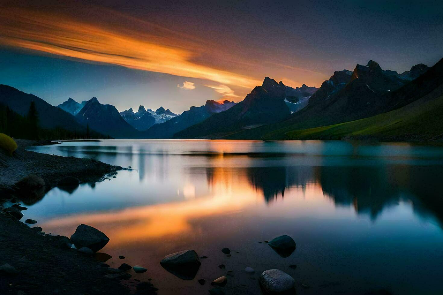 un lago y montañas a puesta de sol. generado por ai foto