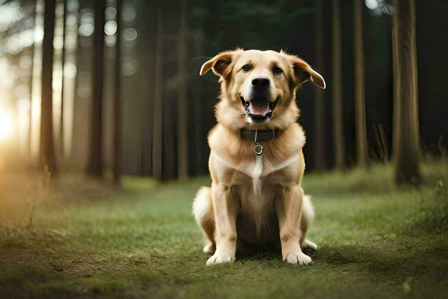 a dog sitting in the woods with its mouth open. AI-Generated photo