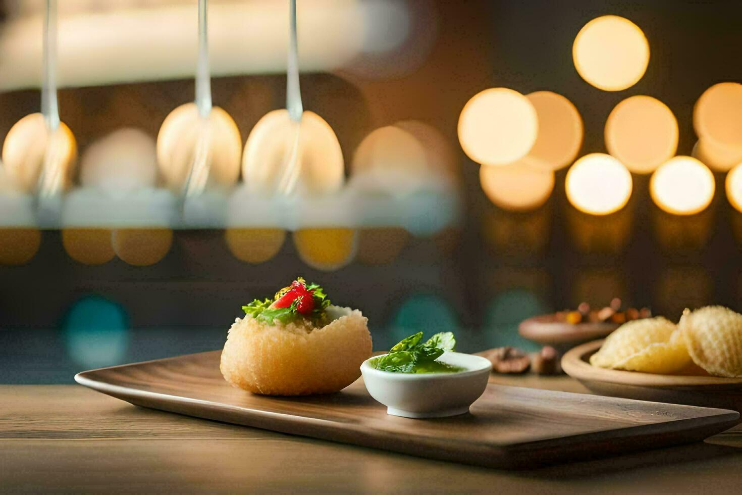 a wooden tray with food on it. AI-Generated photo