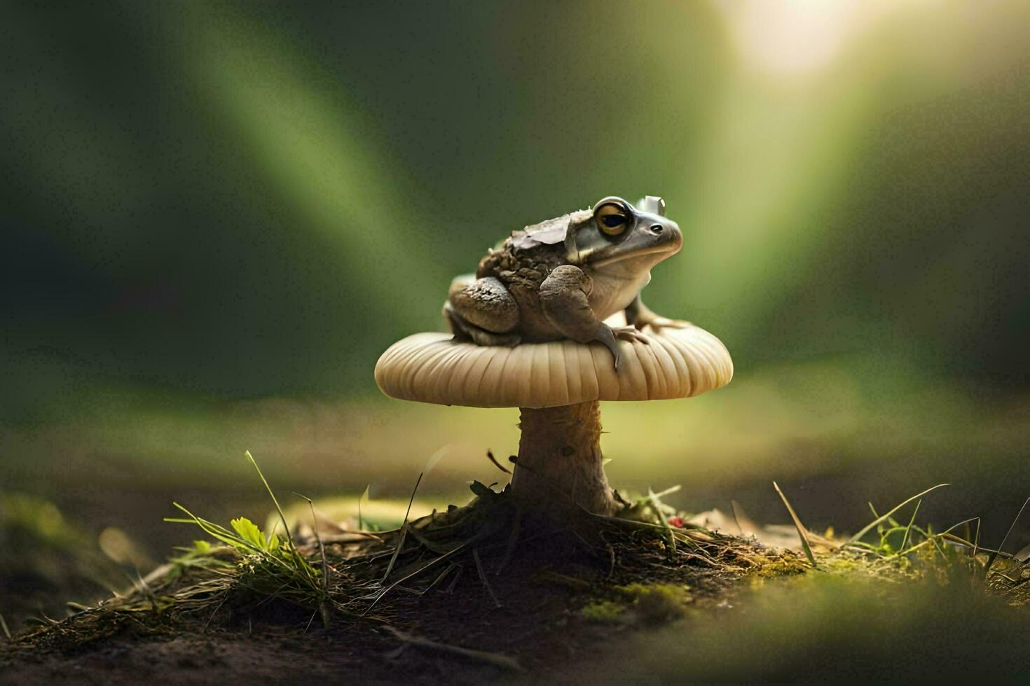 a frog sitting on top of a mushroom in the forest. AI-Generated photo