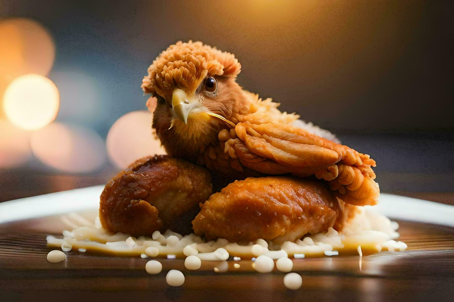 a chicken is sitting on top of rice. AI-Generated photo