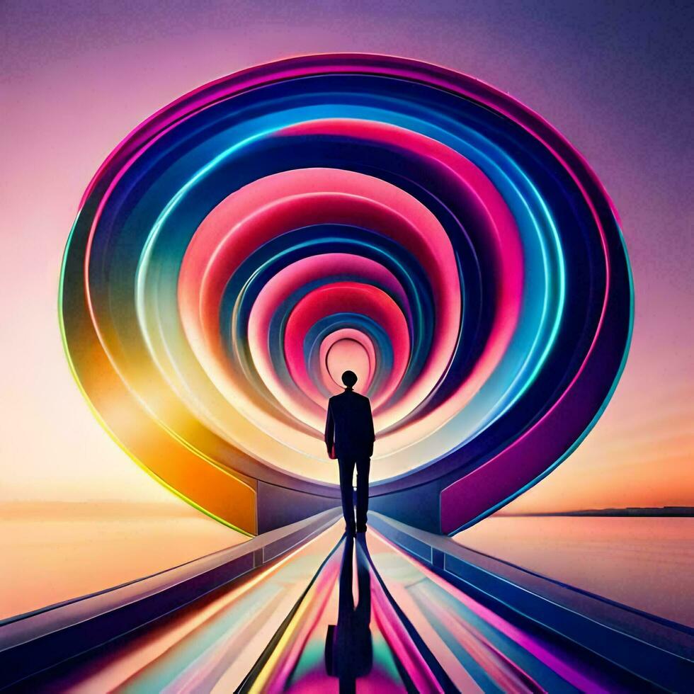 a man standing in front of a colorful spiral. AI-Generated photo