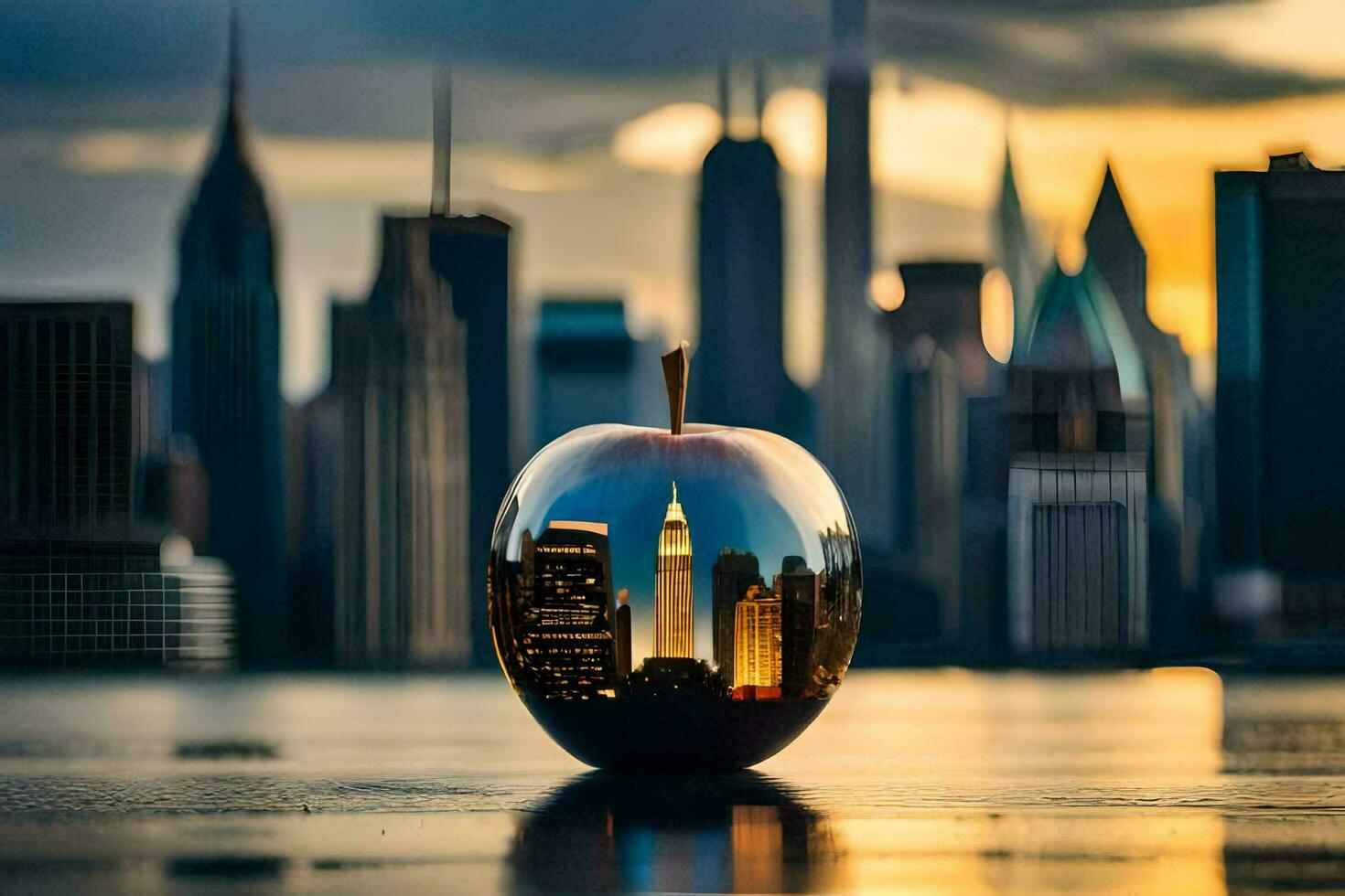 an apple with a city skyline reflected in it. AI-Generated photo