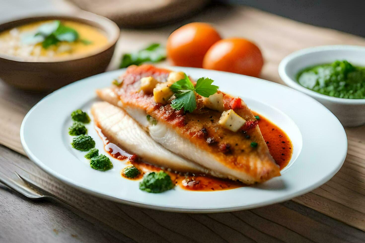 a plate of fish with sauce and vegetables. AI-Generated photo
