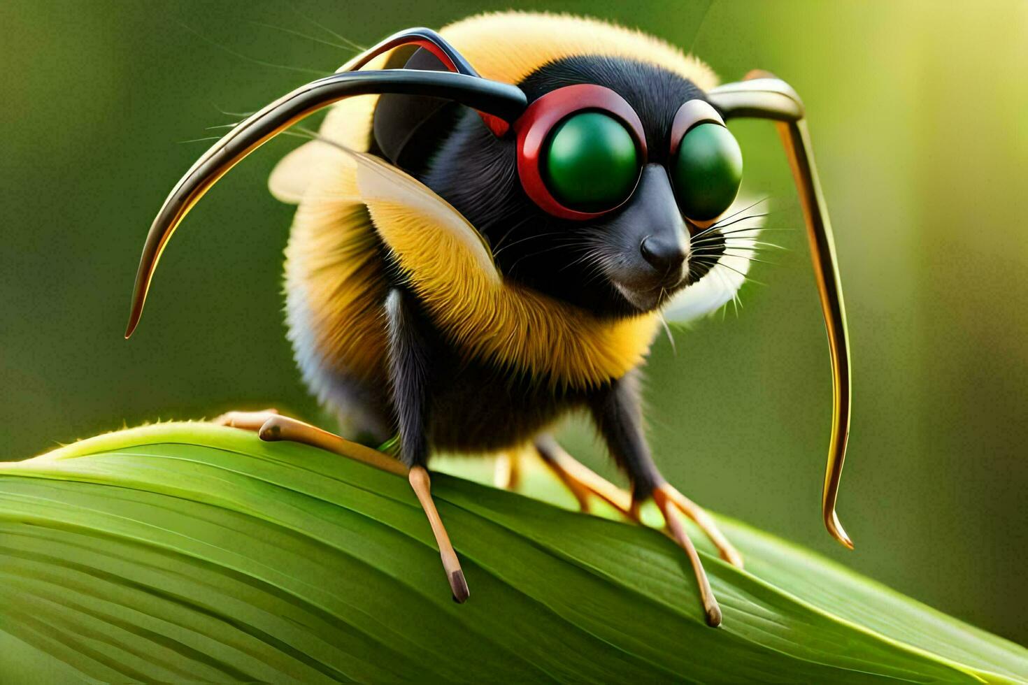 a cartoon bee with big eyes sitting on a leaf. AI-Generated photo