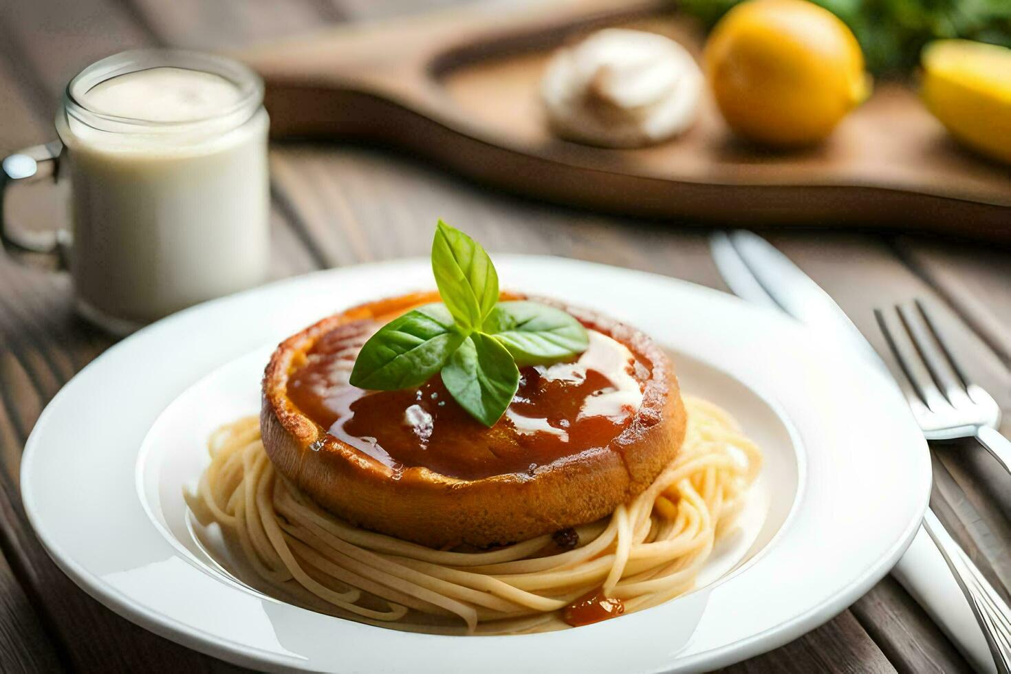 spaghetti with tomato sauce and basil leaves on a white plate. AI-Generated photo