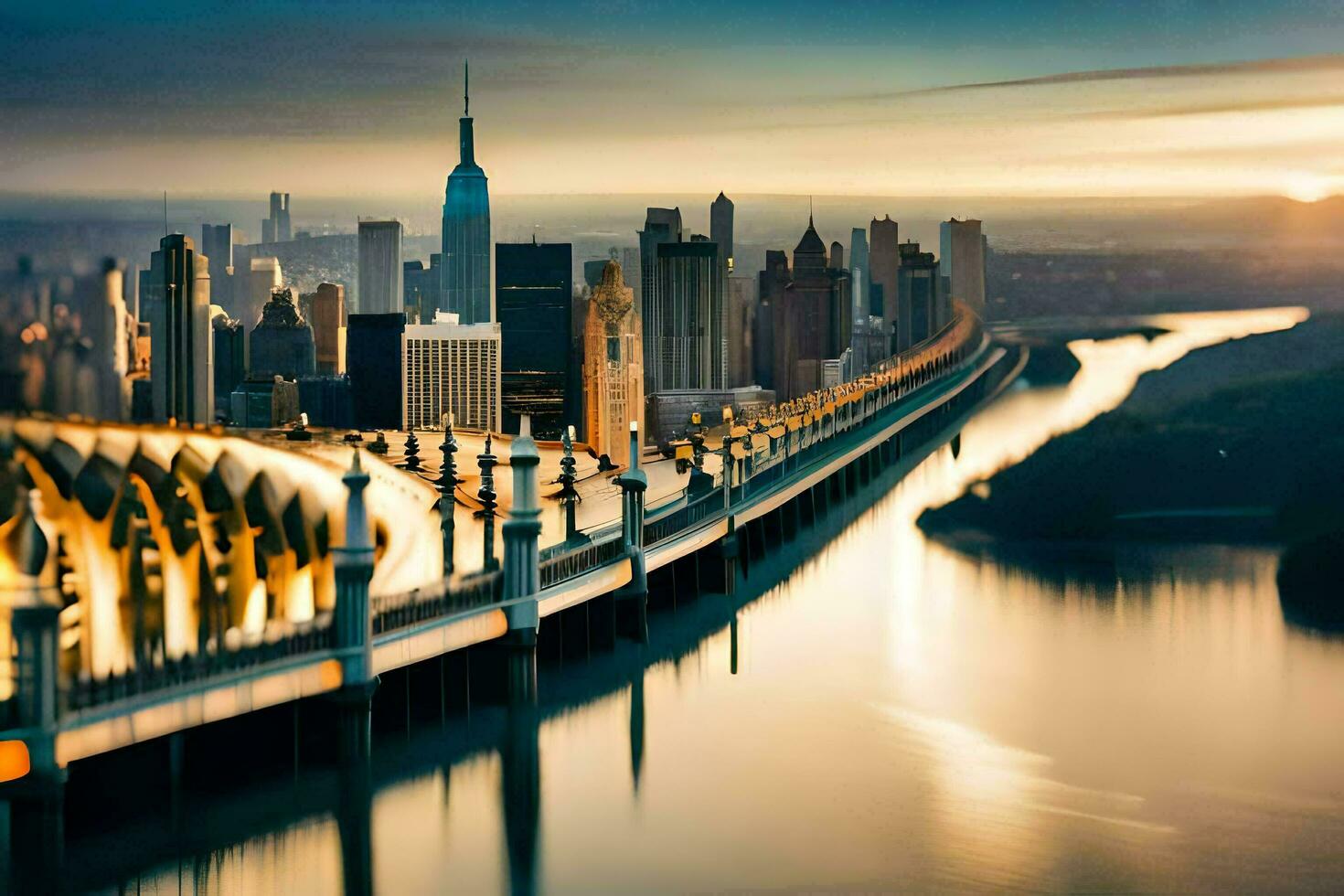 the city skyline is seen from a bridge over water. AI-Generated photo