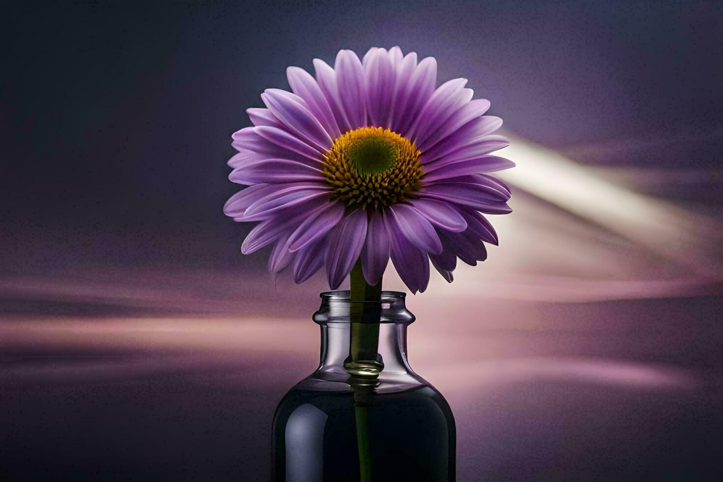 púrpura flor en un botella con un oscuro antecedentes. generado por ai foto