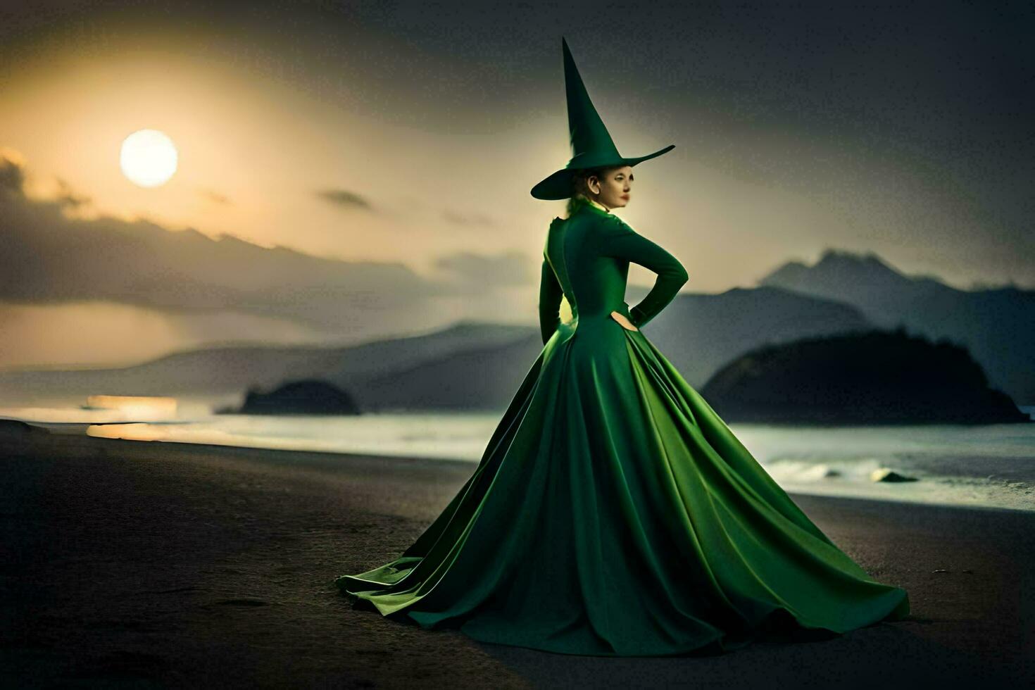 a woman in a green dress standing on the beach. AI-Generated photo