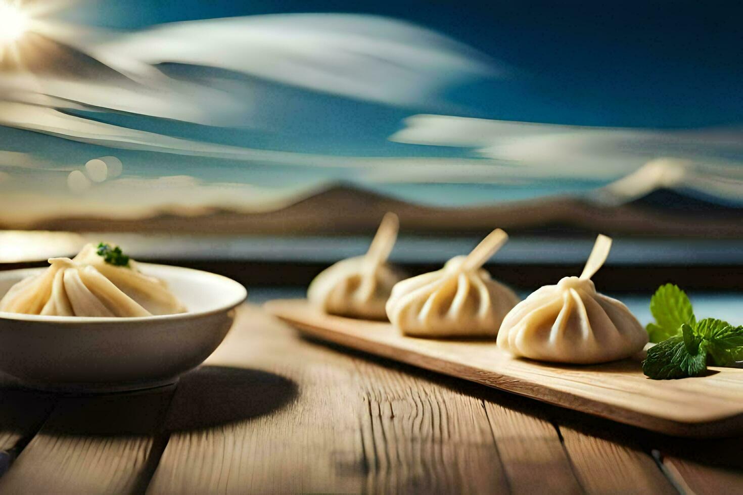 three dumplings sit on a wooden table. AI-Generated photo