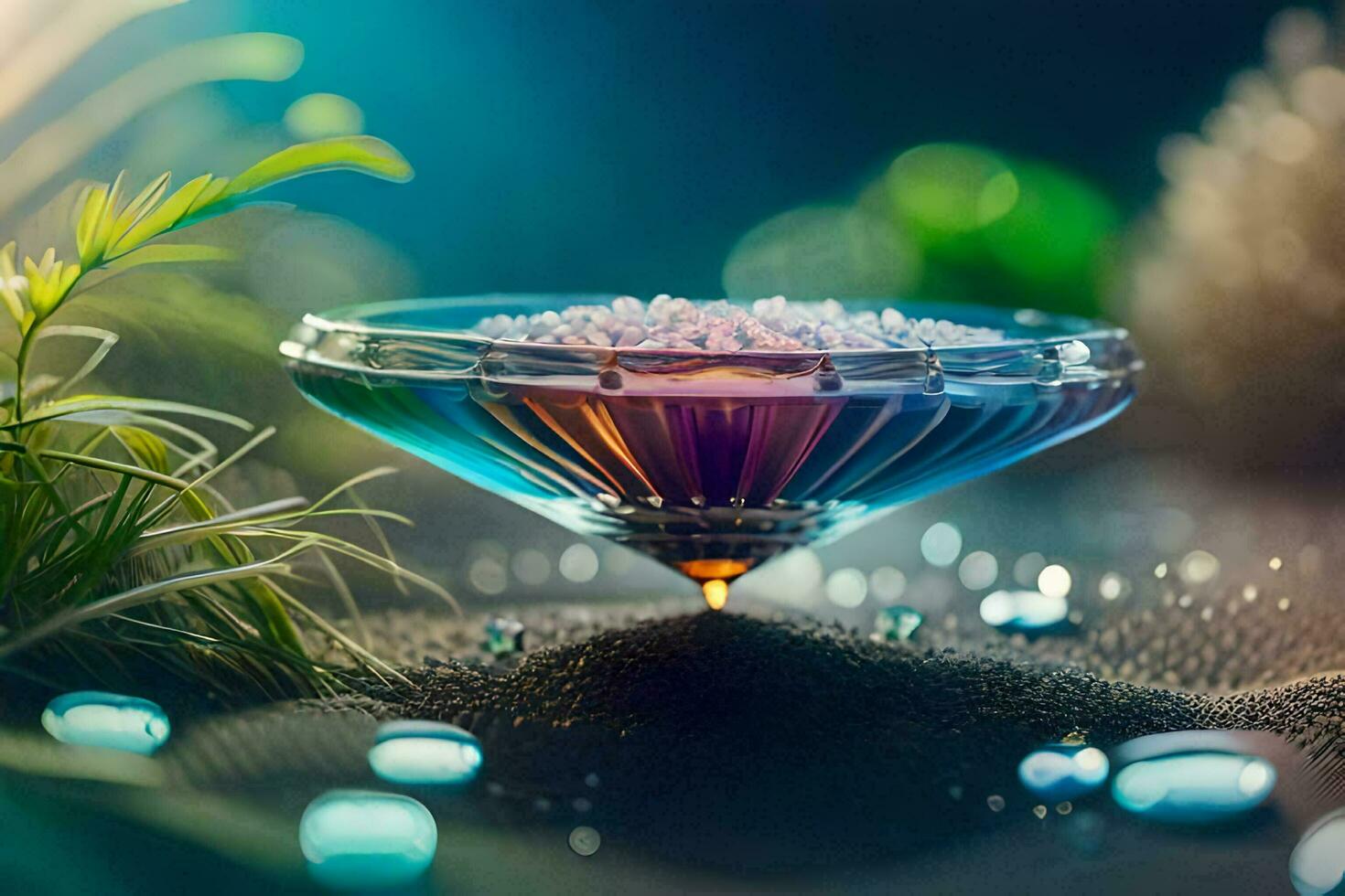 a glass bowl with a colorful liquid in it. AI-Generated photo