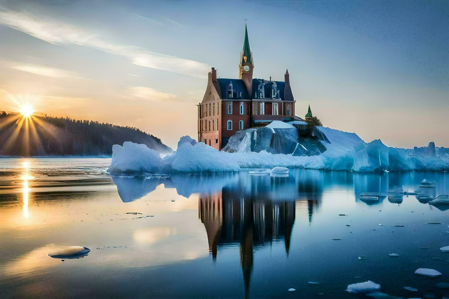 a church on an iceberg in the middle of the ocean. AI-Generated photo