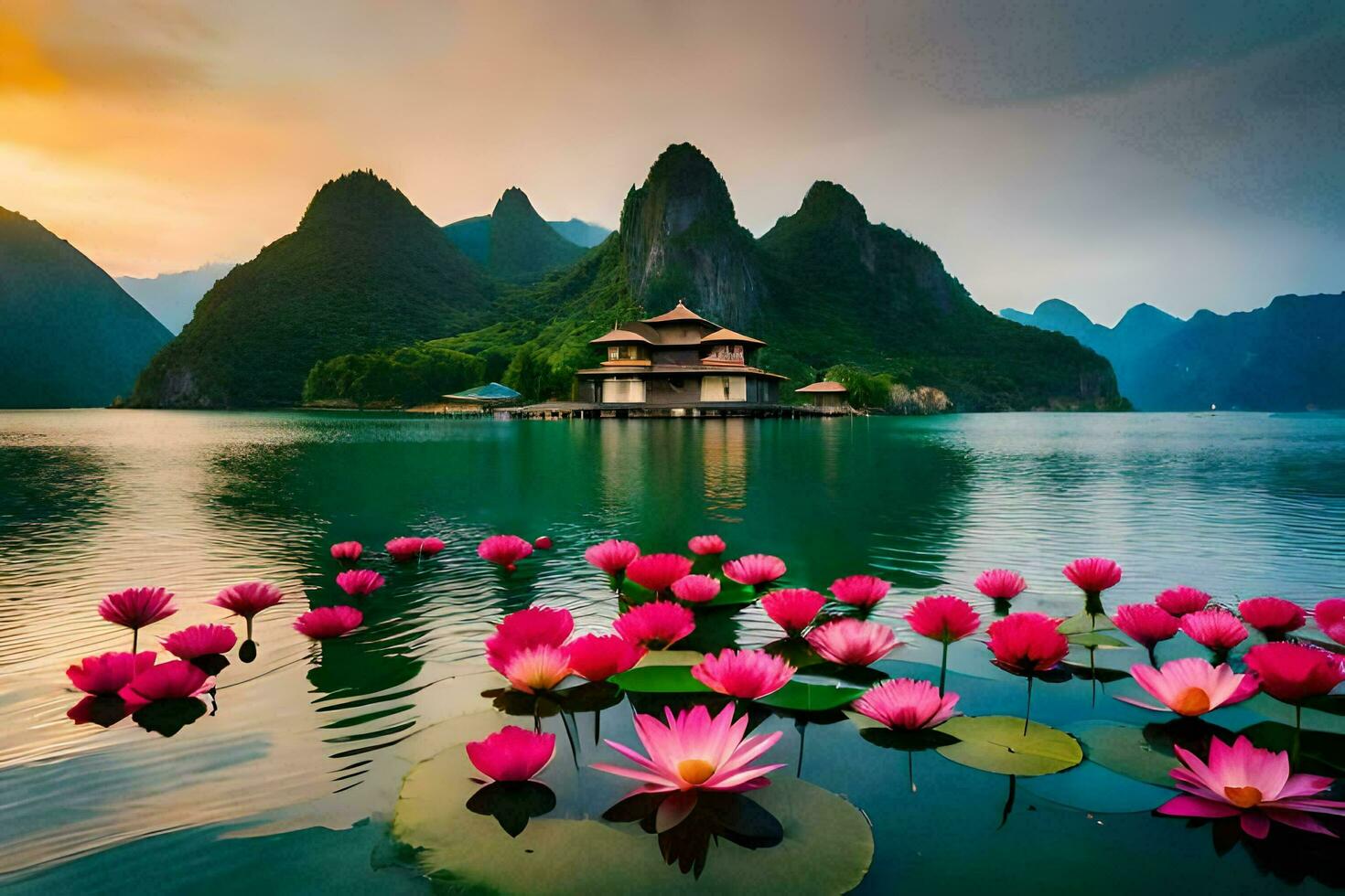 the lotus pond in the lake, the mountain, the lotus flower, the sunrise,. AI-Generated photo
