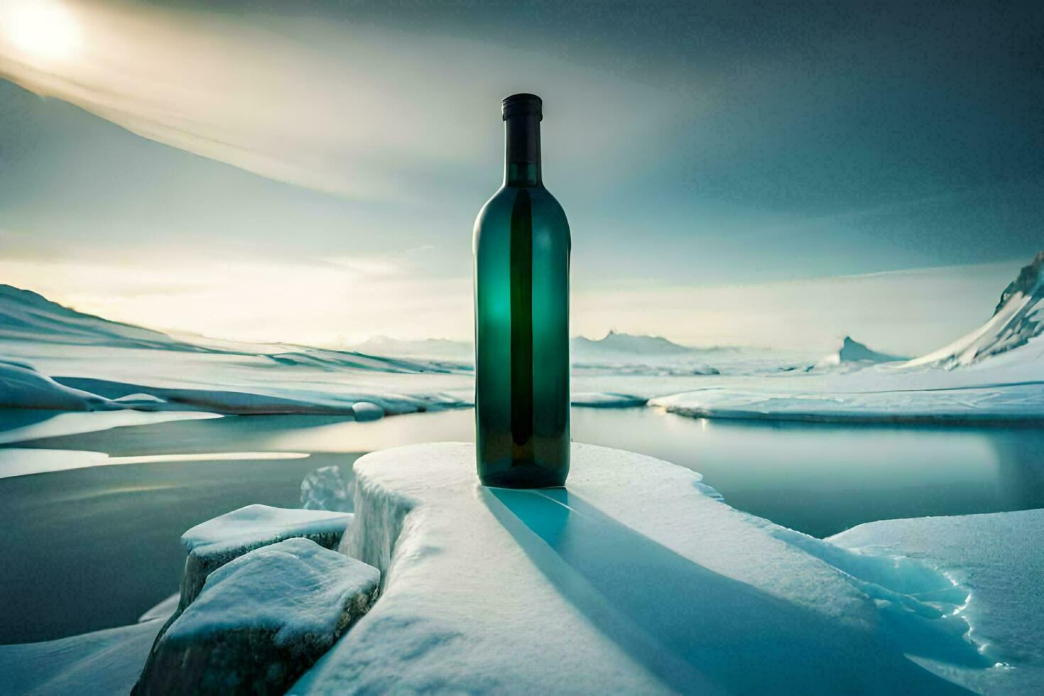 a bottle of wine sitting on top of a snowy mountain. AI-Generated photo