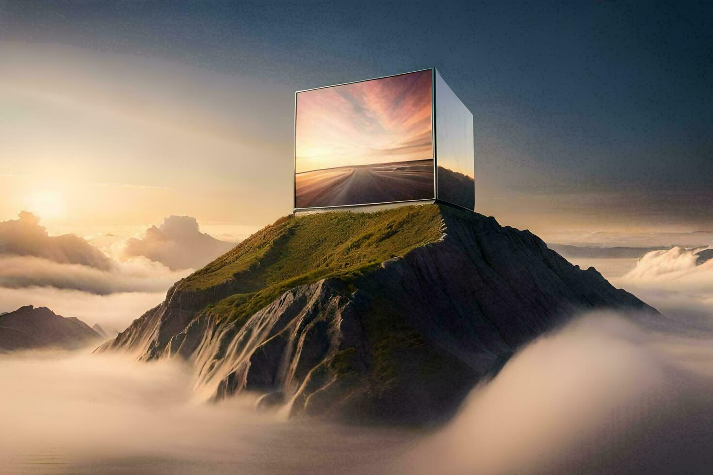 un cubo conformado edificio en parte superior de un montaña. generado por ai foto