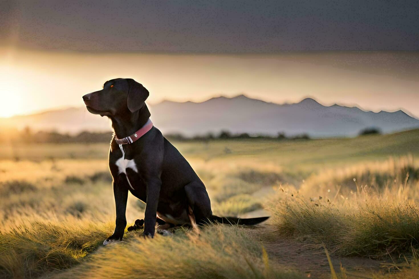 a black dog sitting in the grass at sunset. AI-Generated photo