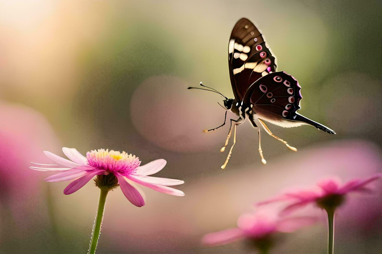 a butterfly is flying over pink flowers. AI-Generated photo