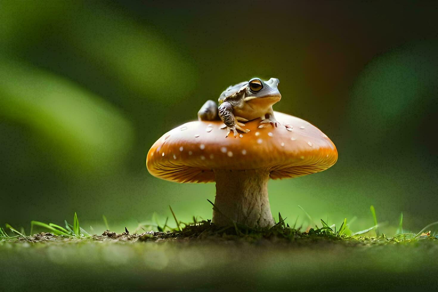a frog sits on top of a mushroom. AI-Generated photo