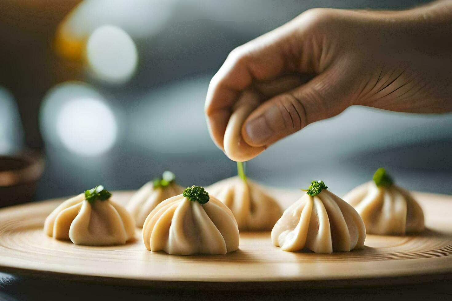 a person dipping a dumpling into a bowl. AI-Generated photo