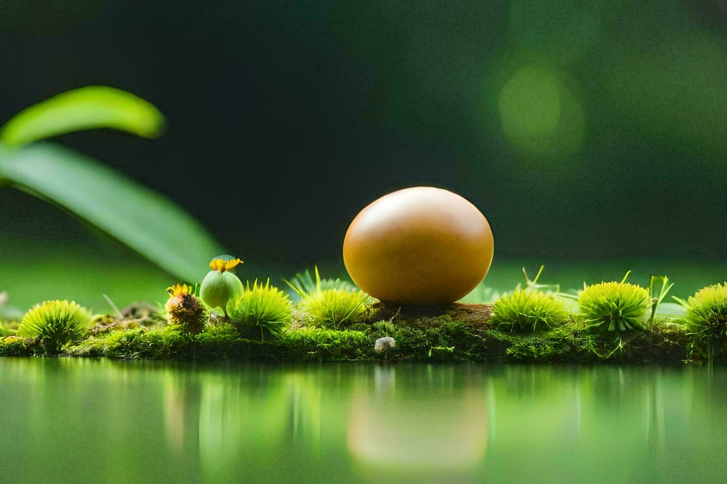 an egg sitting on a moss covered surface in the middle of a pond. AI-Generated photo