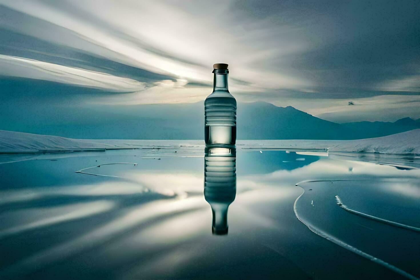un botella de agua se sienta en el agua con un cielo y nubes en el antecedentes. generado por ai foto