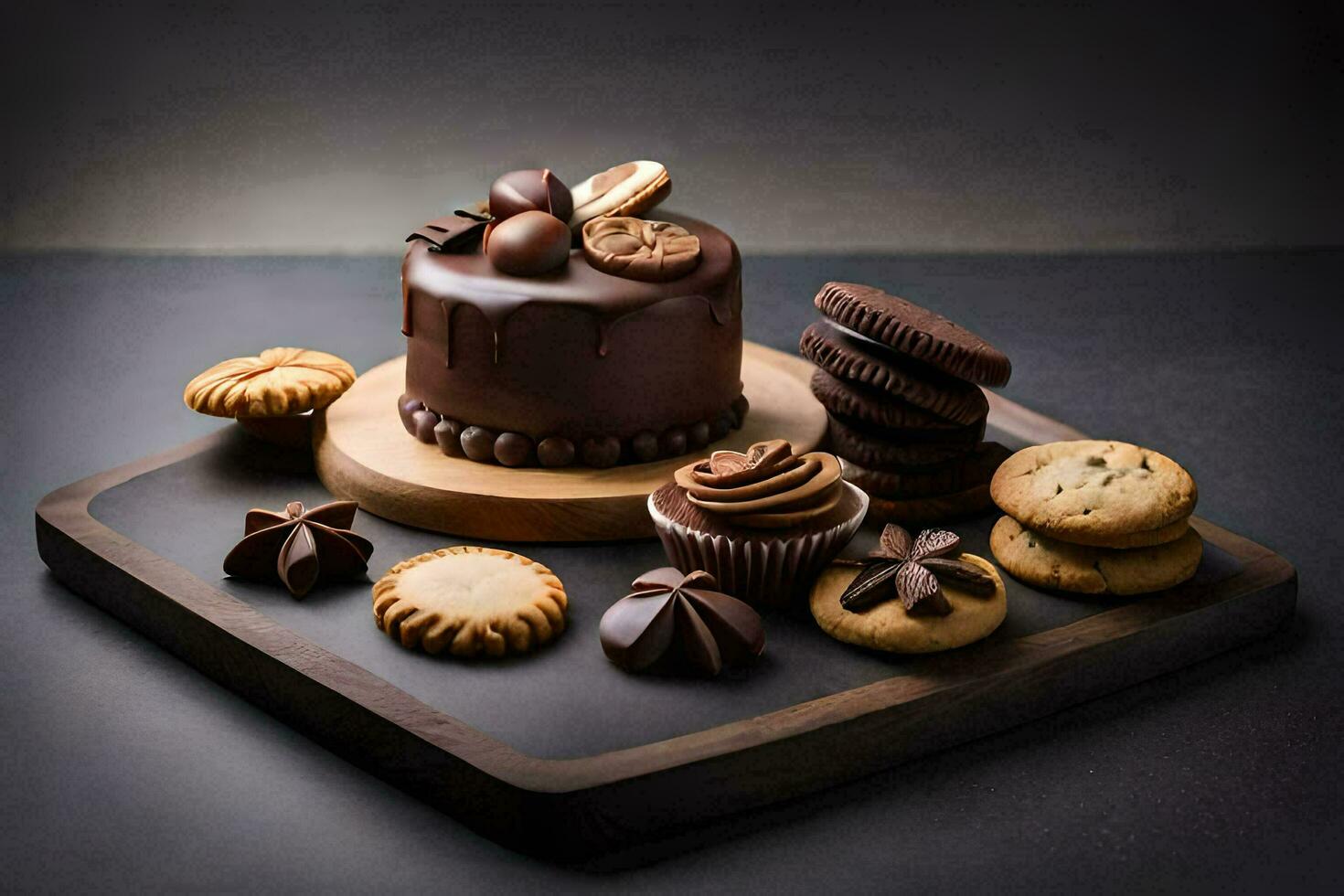 a chocolate cake and cookies on a wooden tray. AI-Generated photo