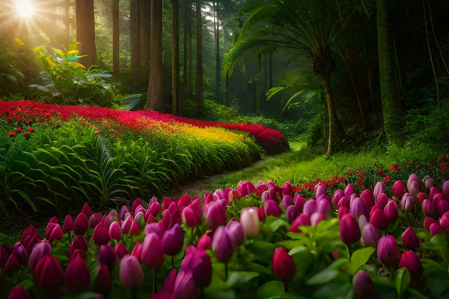 foto fondo de pantalla bosque, flores, tulipanes, sol, camino, camino, tulipanes, tul. generado por ai