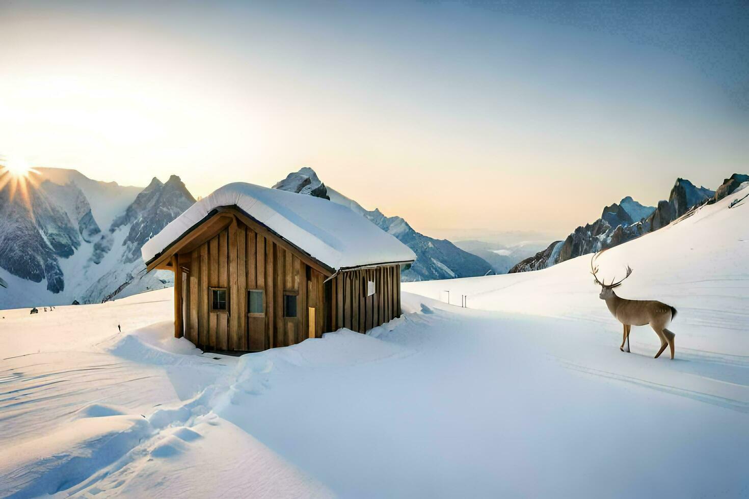 a deer stands in front of a cabin in the snow. AI-Generated photo