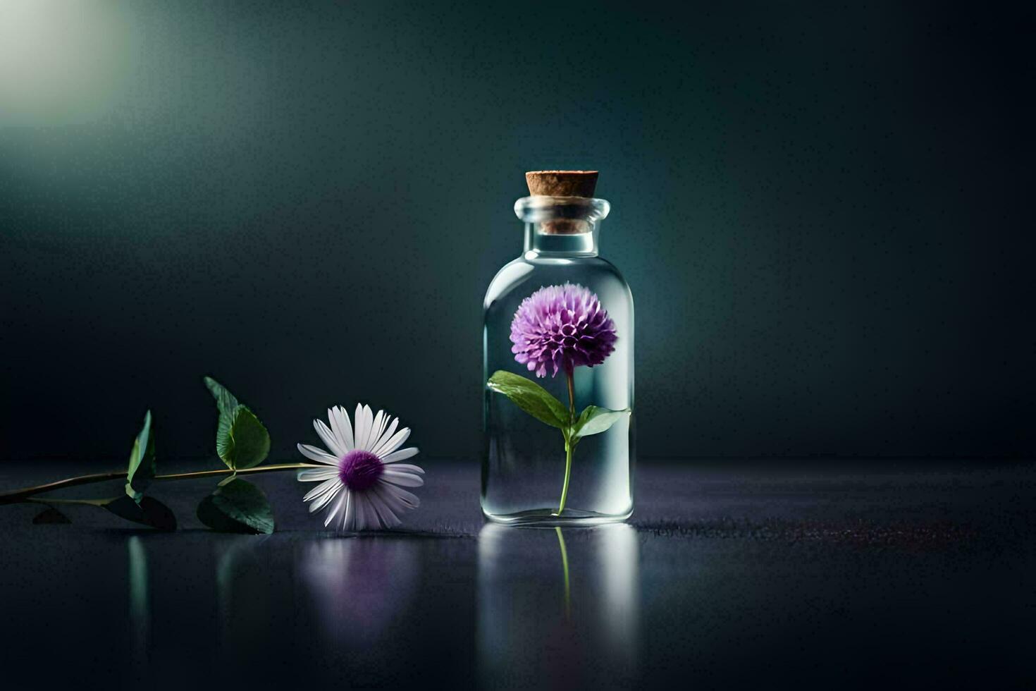 purple flower in a bottle on a dark table. AI-Generated photo