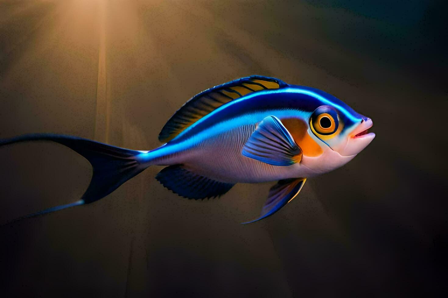a fish with blue and yellow stripes is shown in the dark. AI-Generated photo