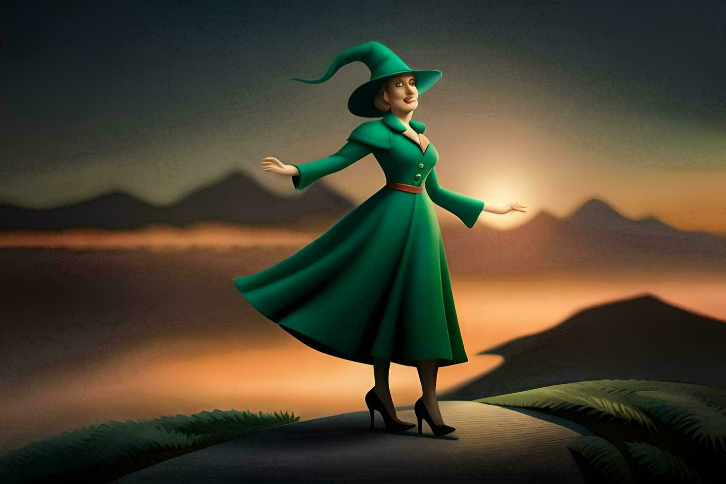 a woman in a green dress and hat standing on top of a hill. AI-Generated photo