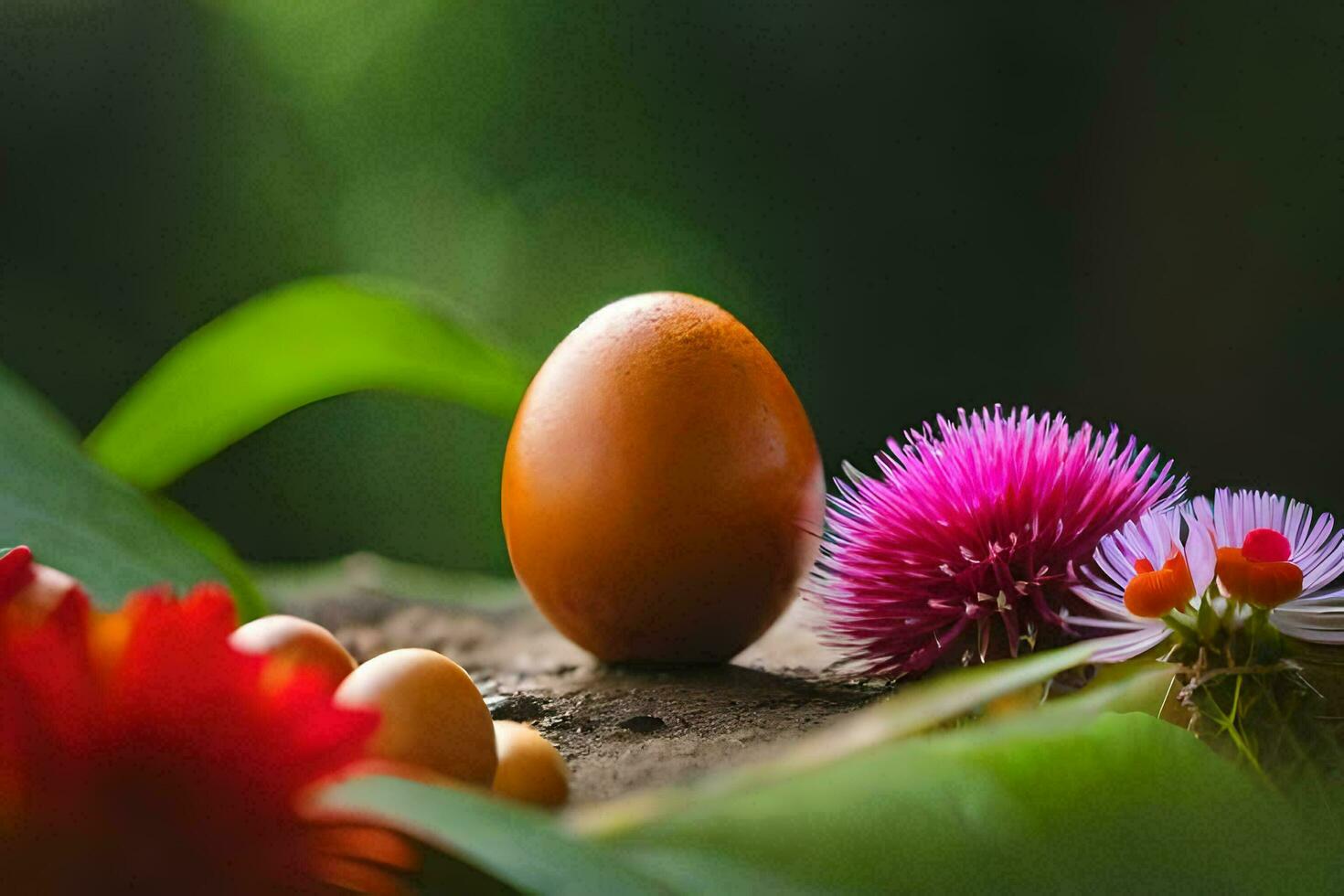 an egg sitting on top of a plant with flowers. AI-Generated photo