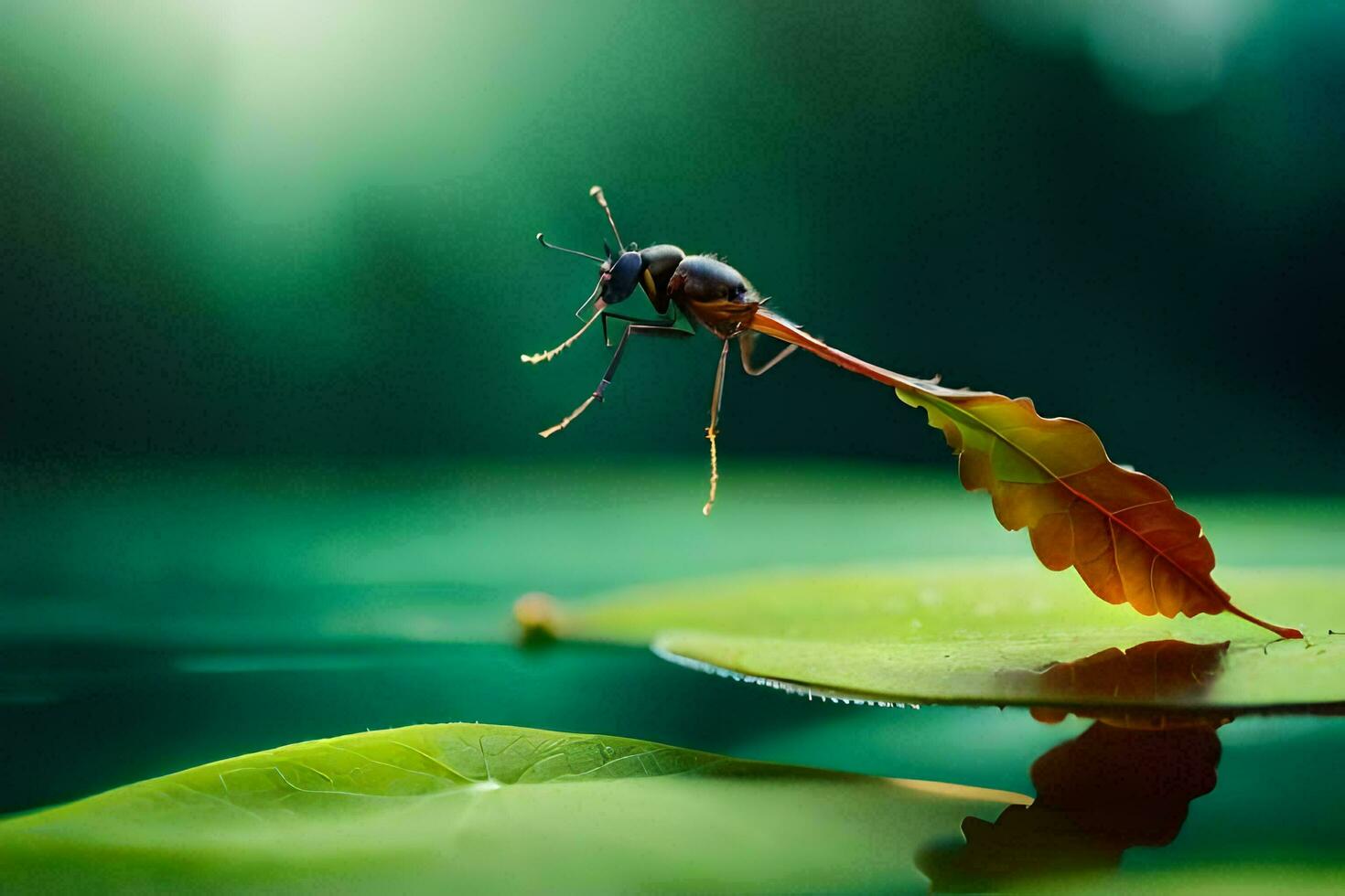 a bug on a leaf in the water. AI-Generated photo