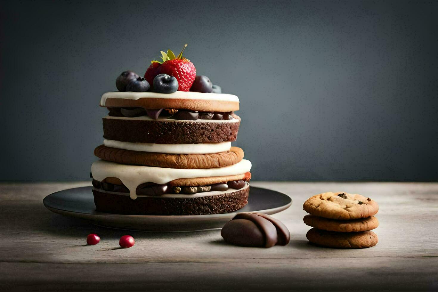 a stack of chocolate cake with berries and cookies. AI-Generated photo