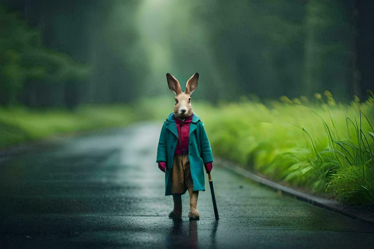 a rabbit in a coat and hat standing on a wet road. AI-Generated photo