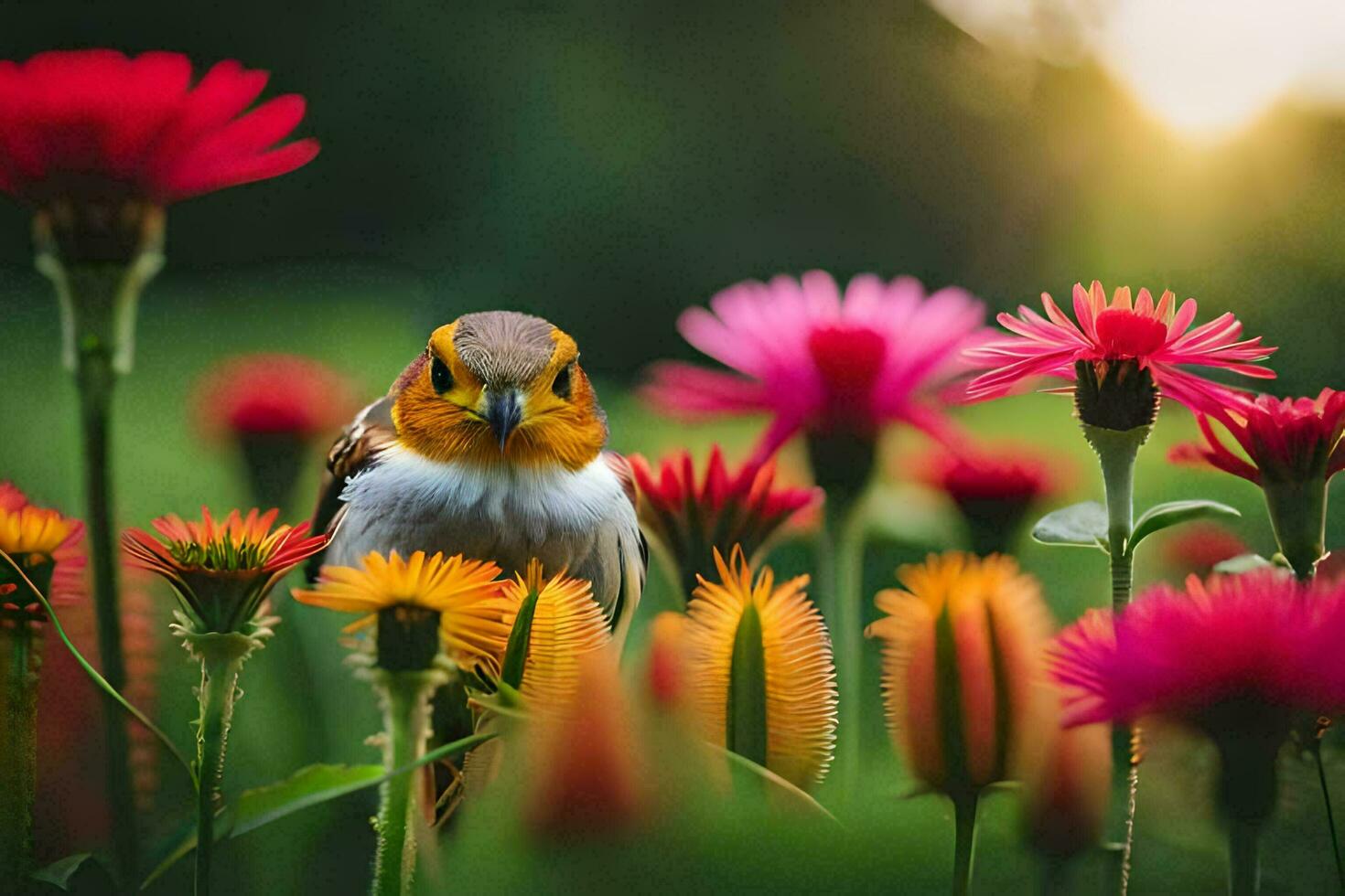a bird is sitting in a field of flowers. AI-Generated photo