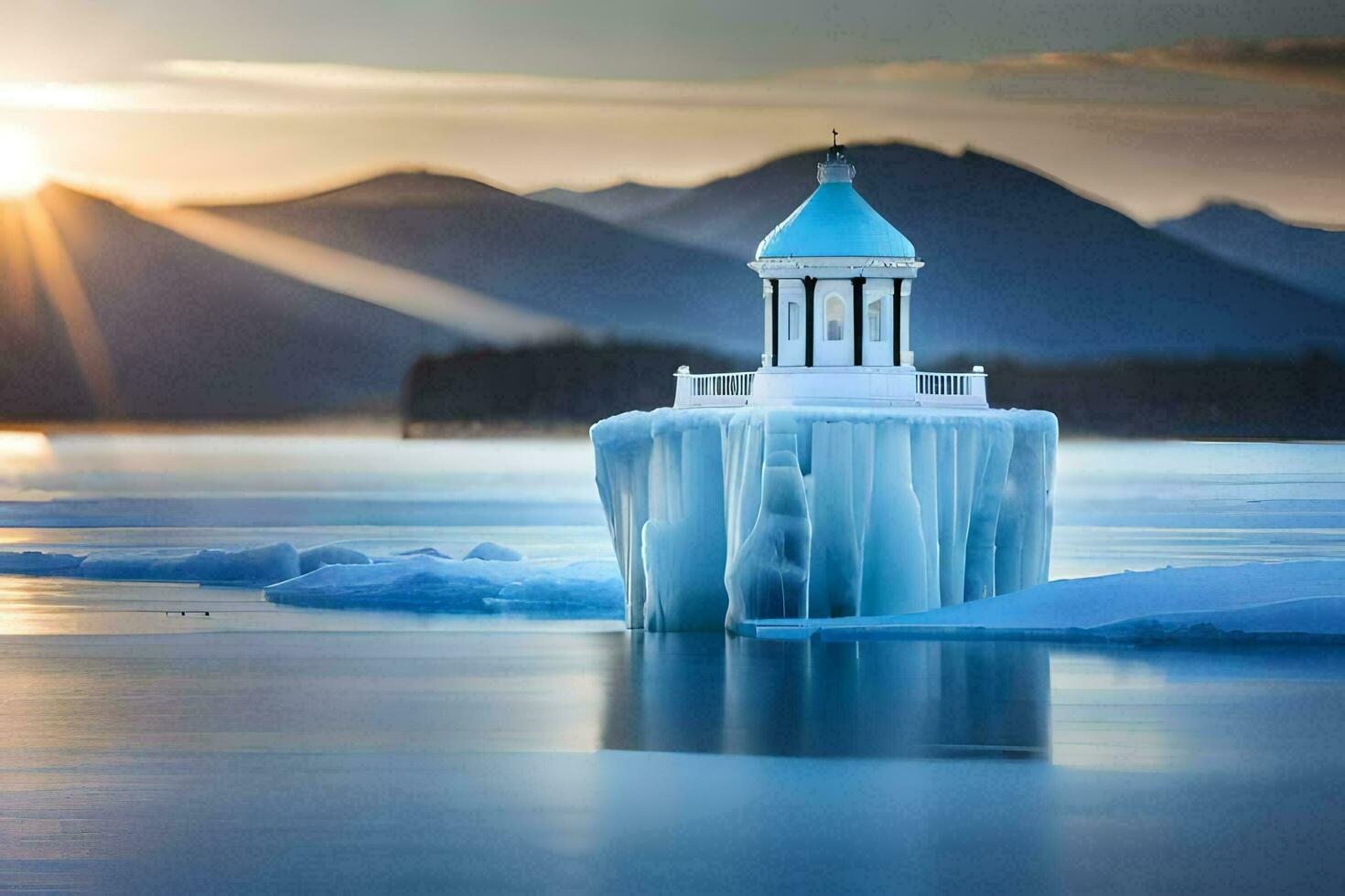 a lighthouse sits on top of an iceberg in the middle of a lake. AI-Generated photo