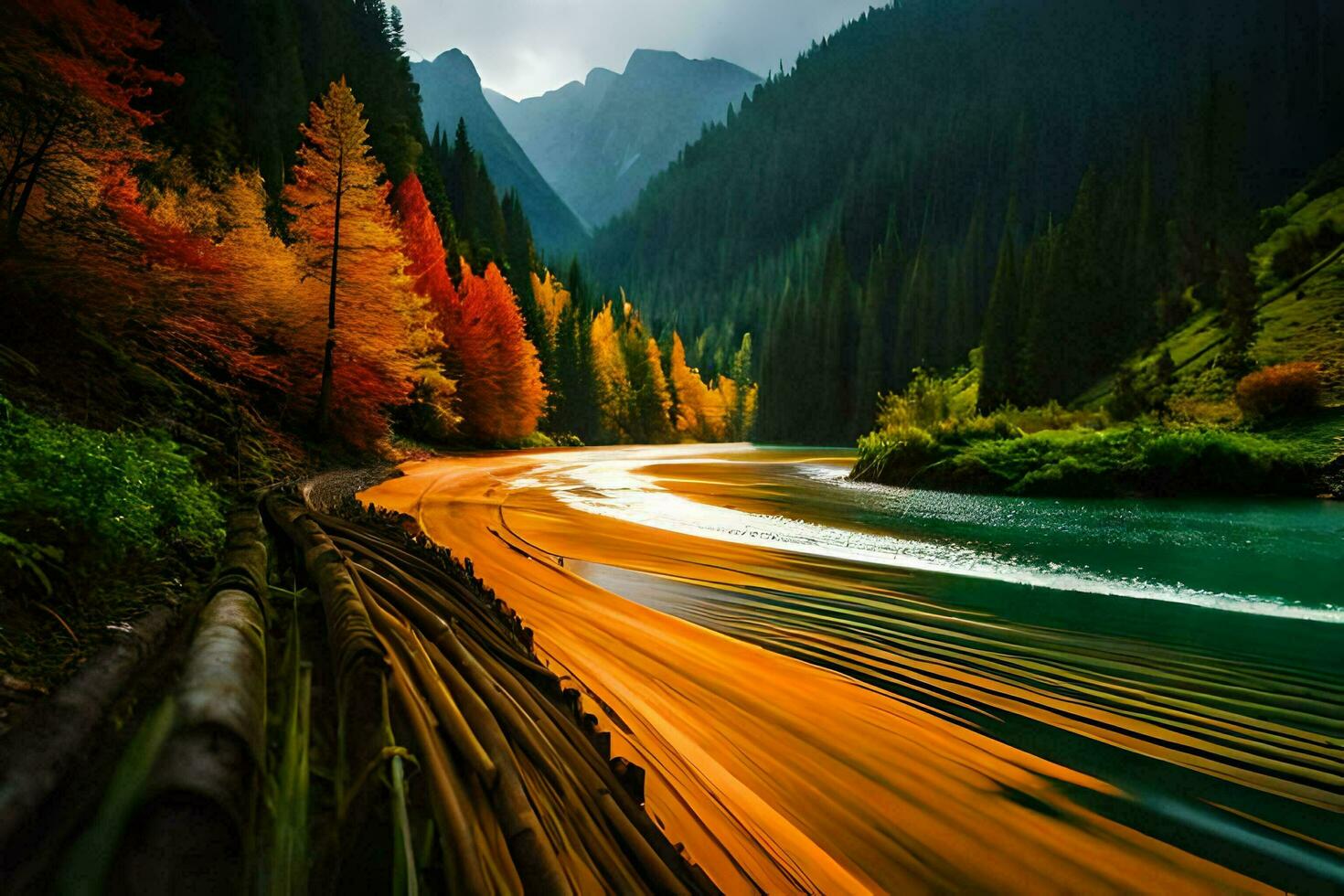 autumn, mountains, river, water, trees, autumn, trees, water, mountains,. AI-Generated photo