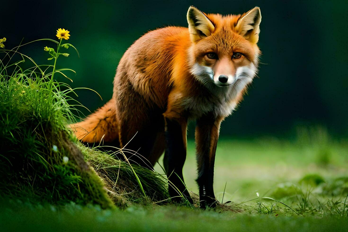 a red fox stands in the grass near a tree. AI-Generated photo