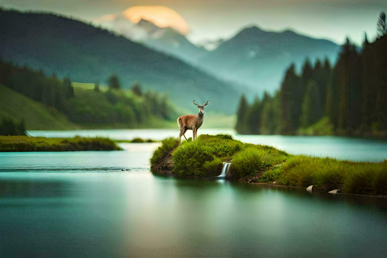 a deer stands on a small island in a lake. AI-Generated photo