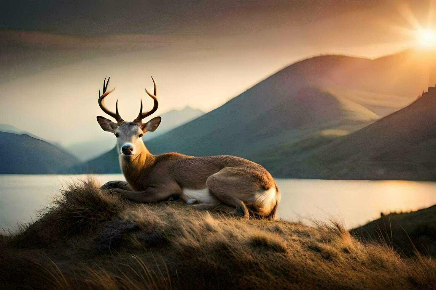 un ciervo se sienta en el césped en frente de un lago. generado por ai foto